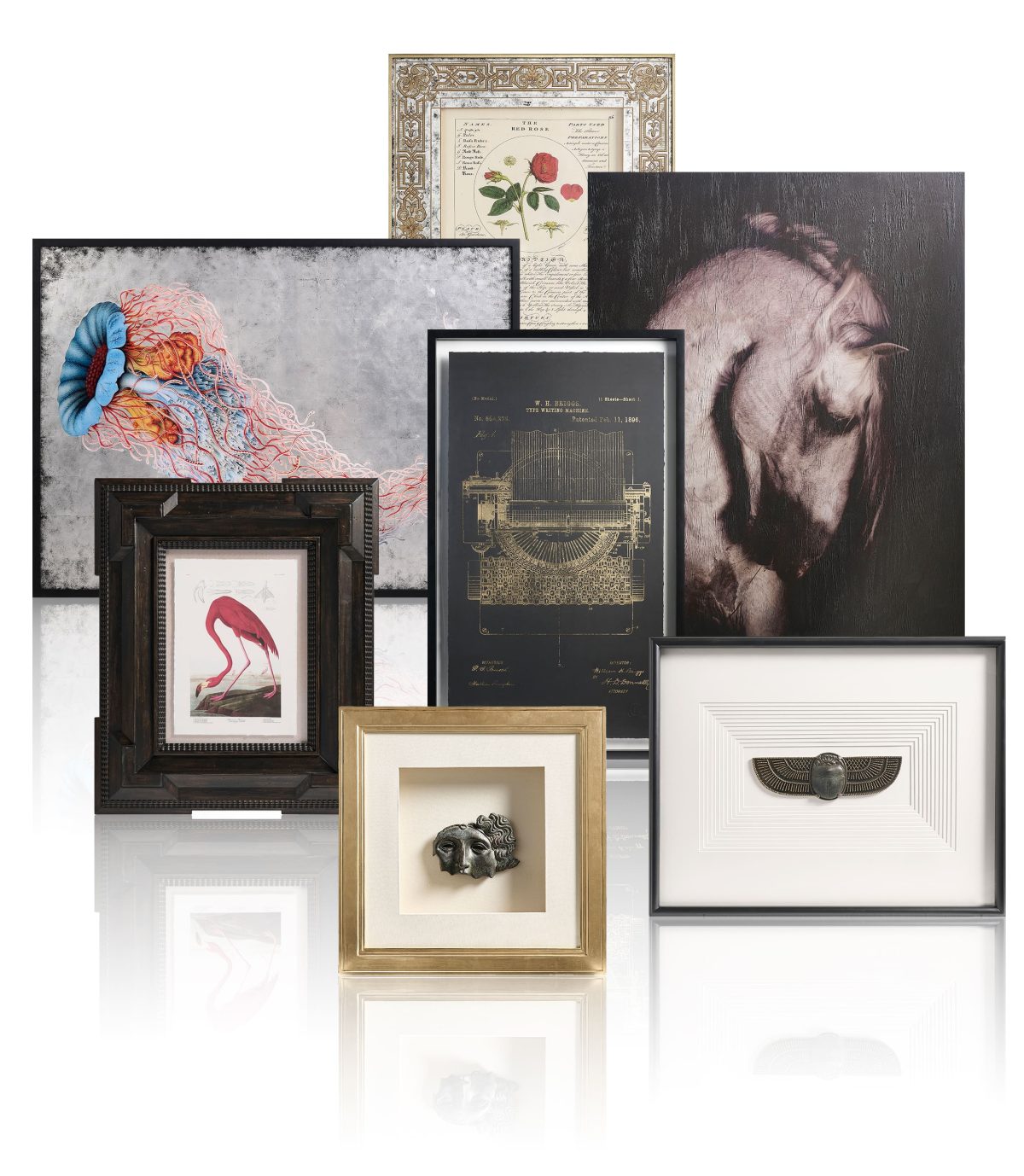 Framed botanical art, mineral specimens, textured wall panels and decorative objects