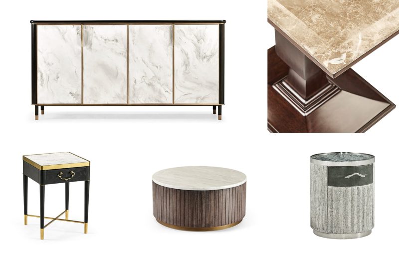Marble-fronted sideboard, polished stone table edge, and marble-topped nightstand, coffee table and drum table