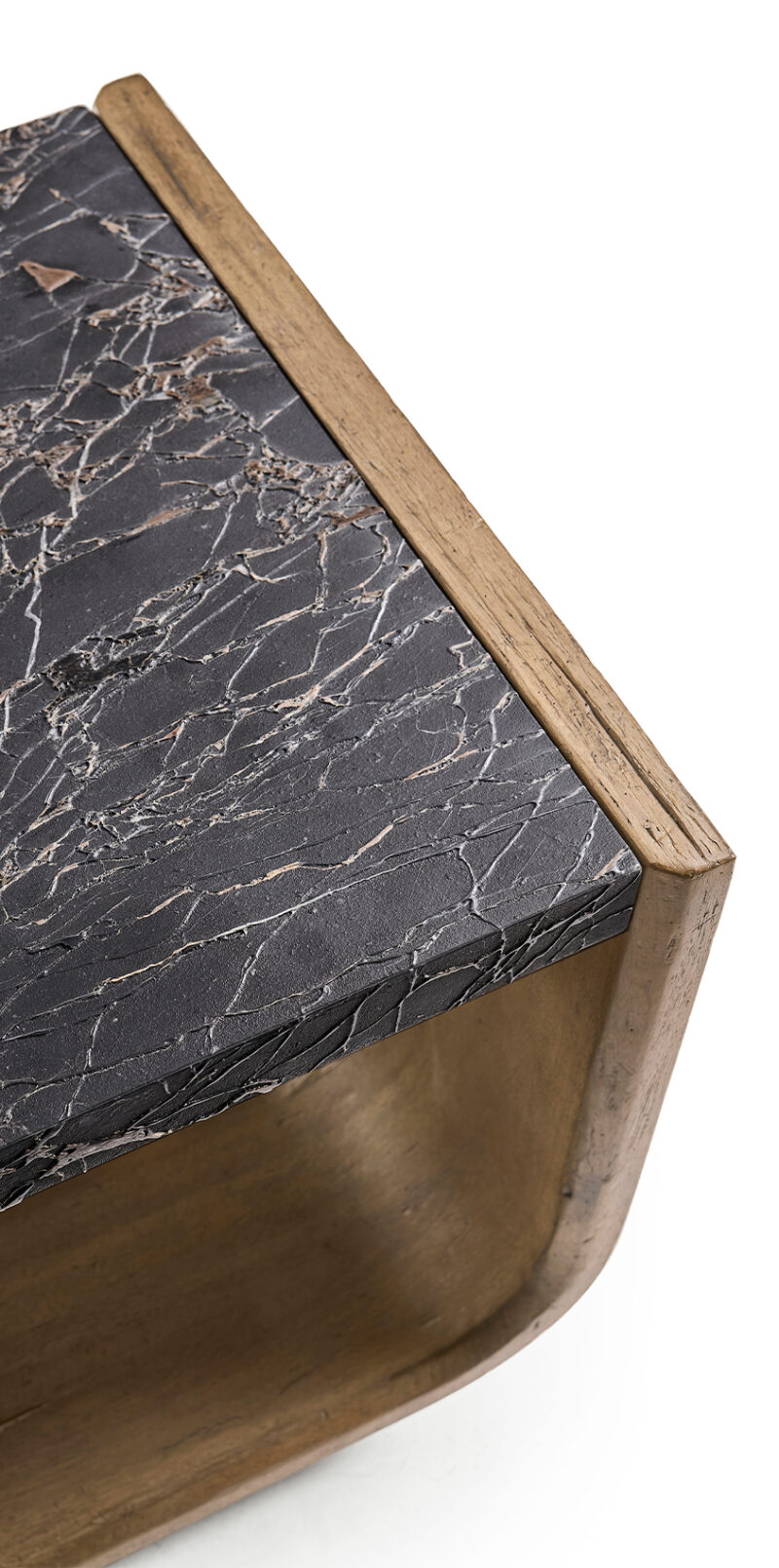 Black marble top with white veining set into a timber frame