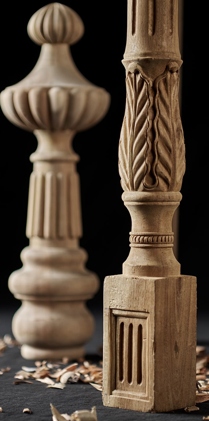 Hand-carved timber baluster and turned finial detail