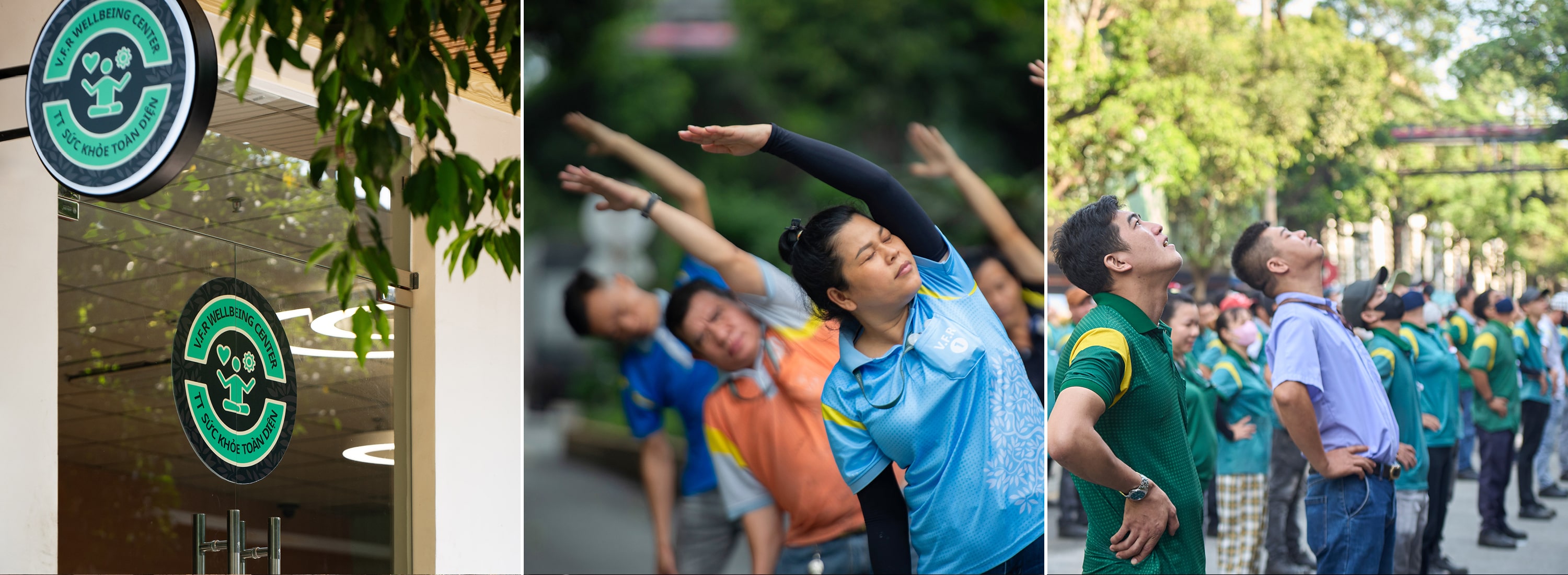 V.F.R Wellbeing Center — biển hiệu trung tâm và công nhân viên tập giãn cơ buổi sáng